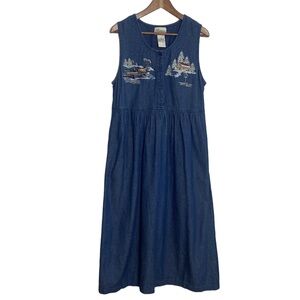 Vintage Denim Dress Womens 14 Blue Jean Long Maxi Cottagecore Prairie Pockets